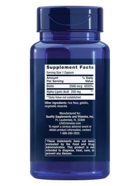 Boîte de Life Extension Acide Alpha-Lipoïque avec Biotine vue latérale