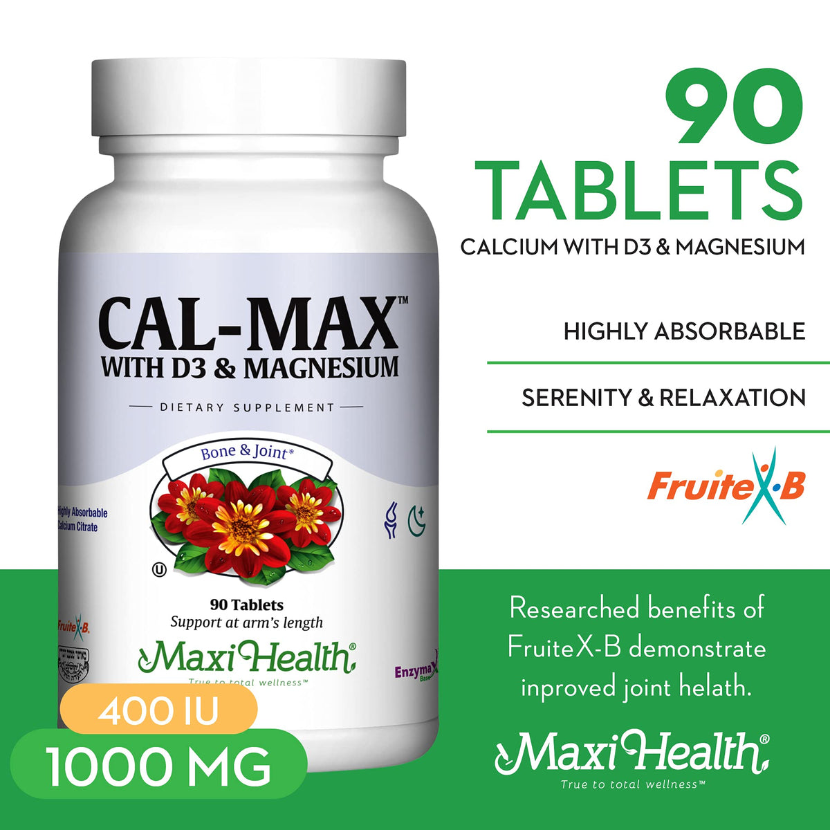 Boîte de Maxi Health Calcium 1000 mg avec D3 et Magnésium, vue latérale