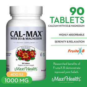 Boîte de Maxi Health Calcium 1000 mg avec D3 et Magnésium, vue latérale