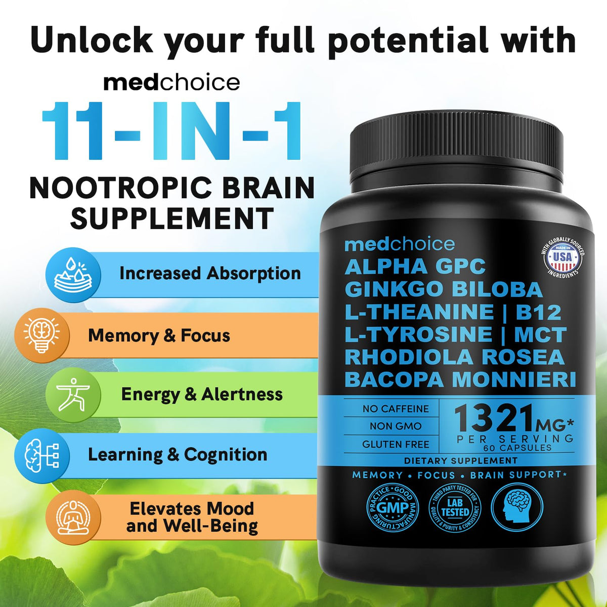 Boîte de MEDCHOICE Complément Nootropique avec informations nutritionnelles