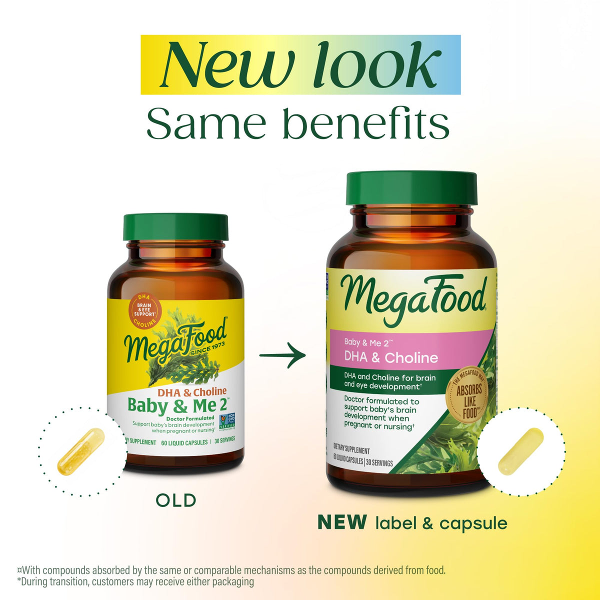 Boîte de MegaFood Baby & Me 2 avec capsules liquides à l'intérieur