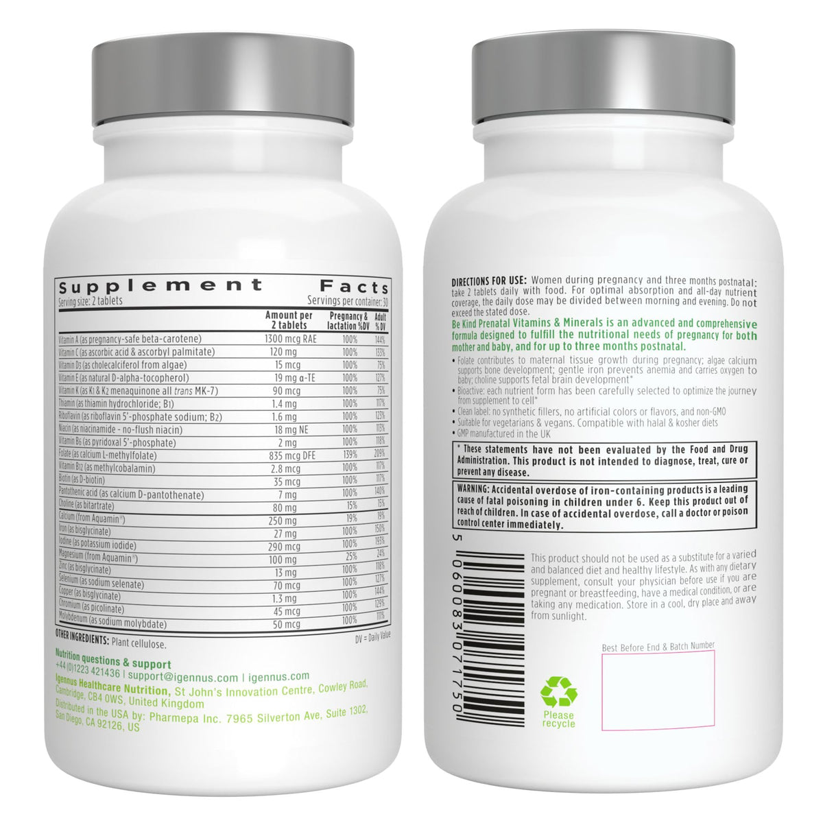 Boîte de multivitamines prénatales Igennus ouverte