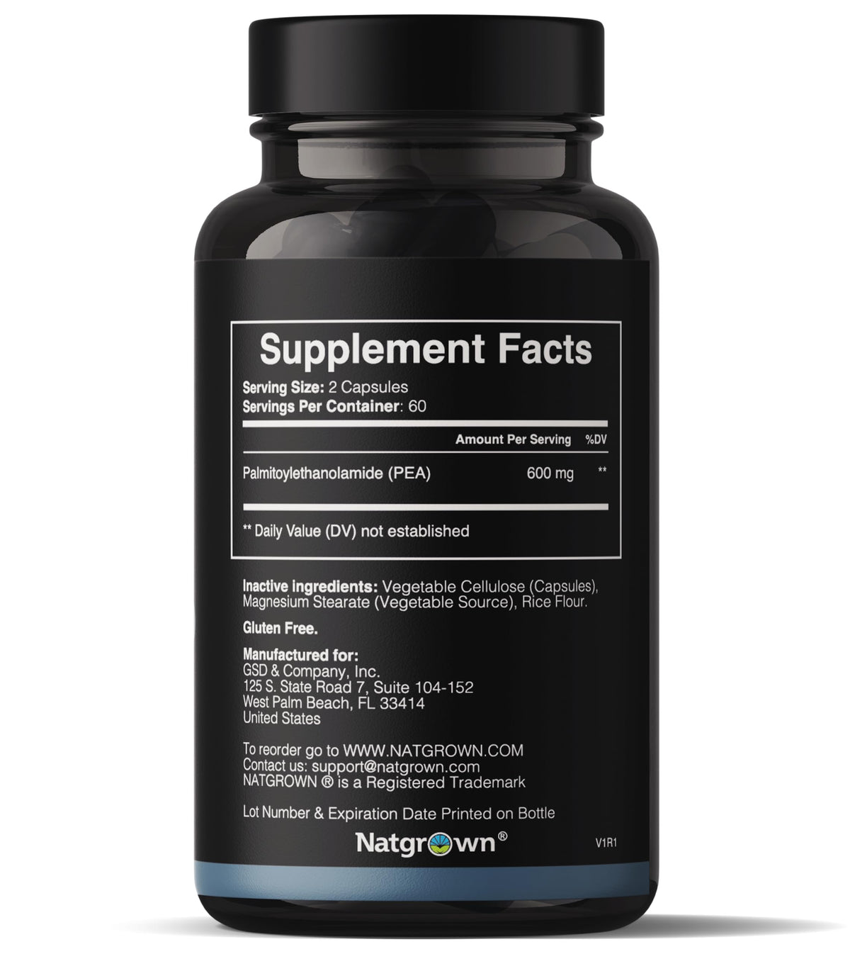 Boîte de Natgrown Palmitoylethanolamide 600 mg - 120 capsules, vue latérale