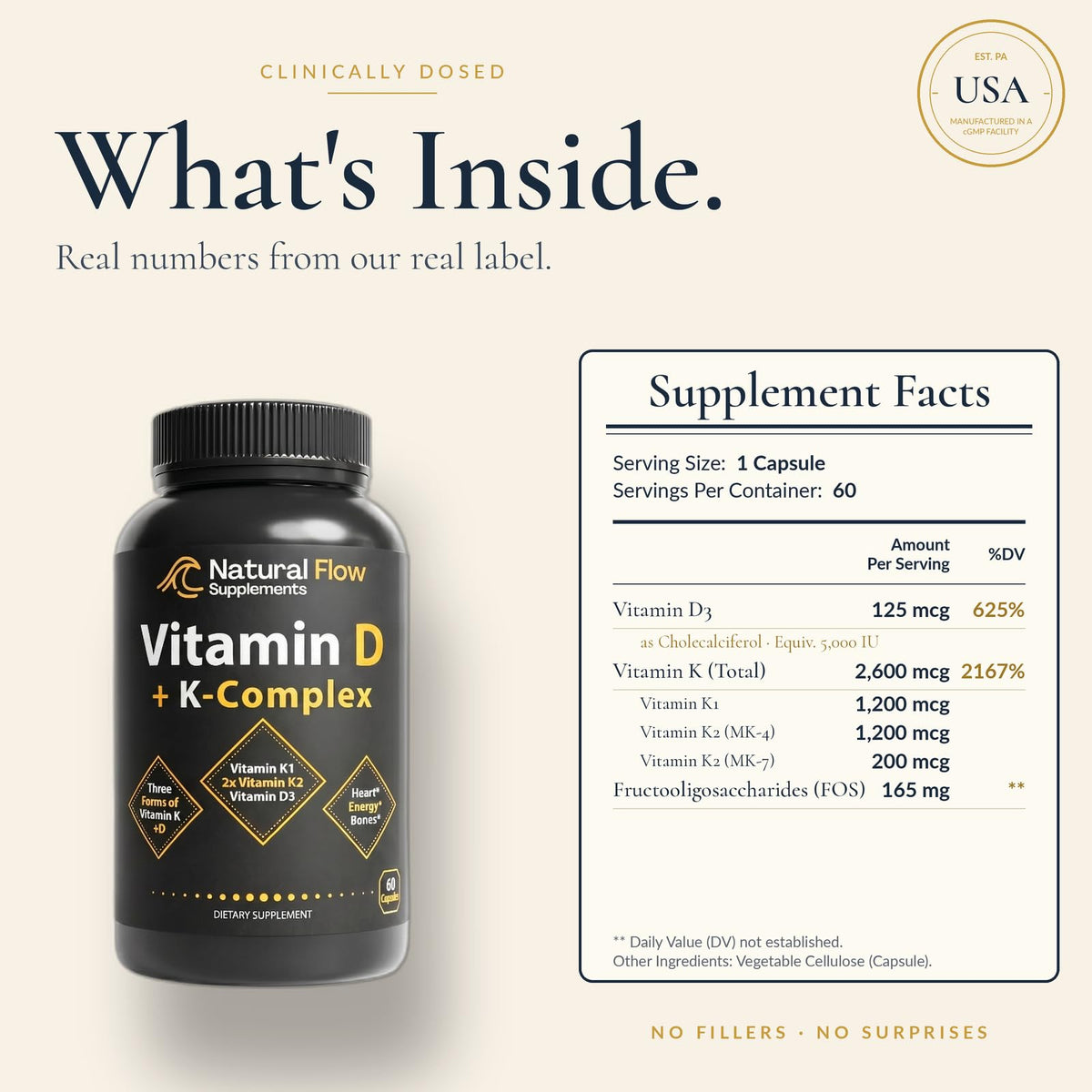 Boîte de Natural Flow Vitamine D3 K2 5000 IU avec informations nutritionnelles