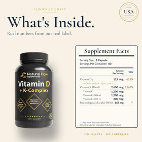 Boîte de Natural Flow Vitamine D3 K2 5000 IU avec informations nutritionnelles
