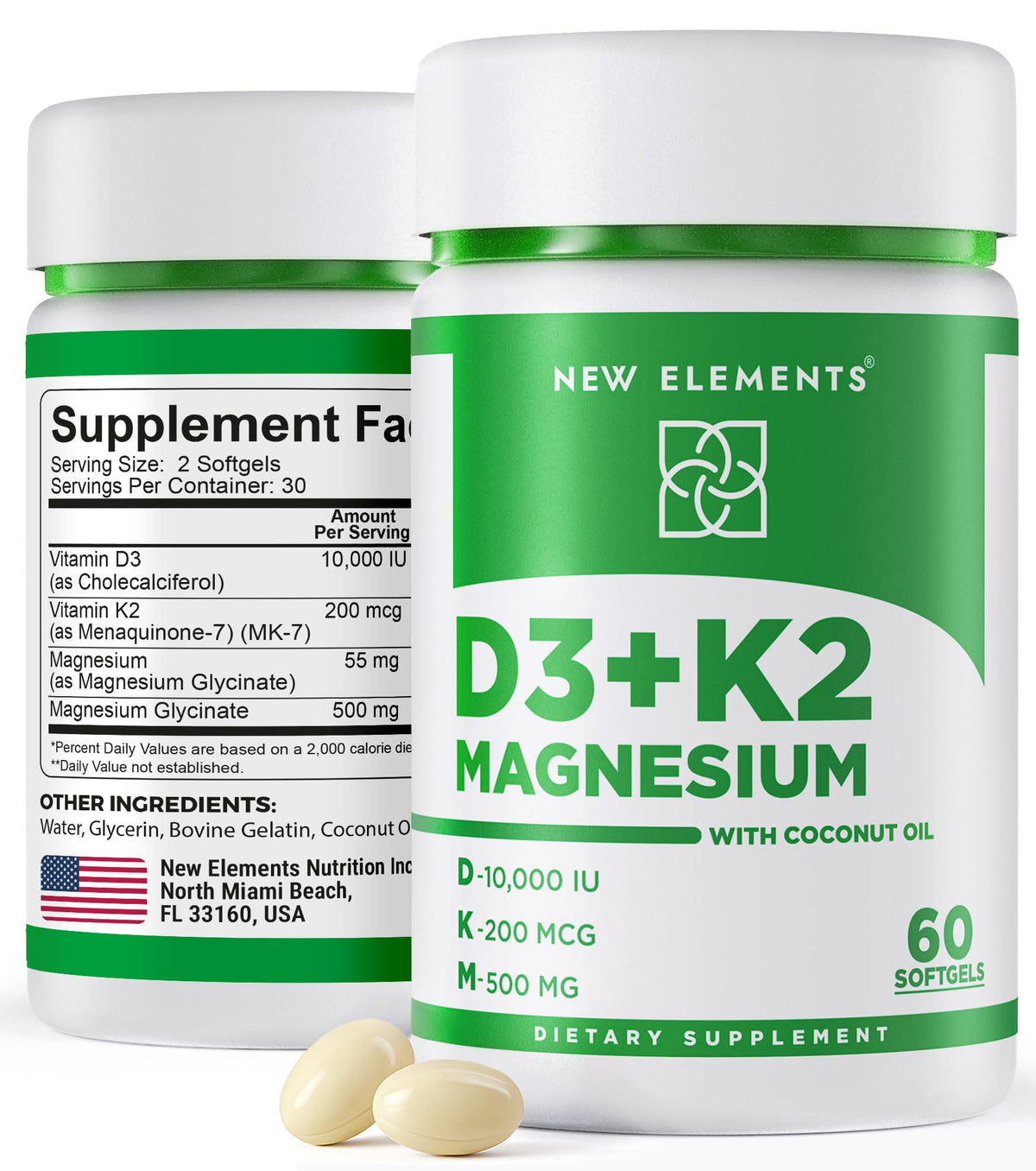 Boîte de New Elements Vitamine D3 K2 10 000 UI avec 60 gélules
