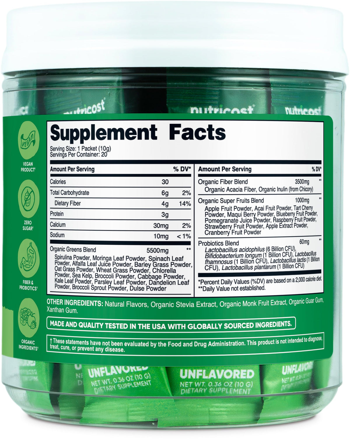 Boîte de Nutricost Super Greens Bio avec stickpacks