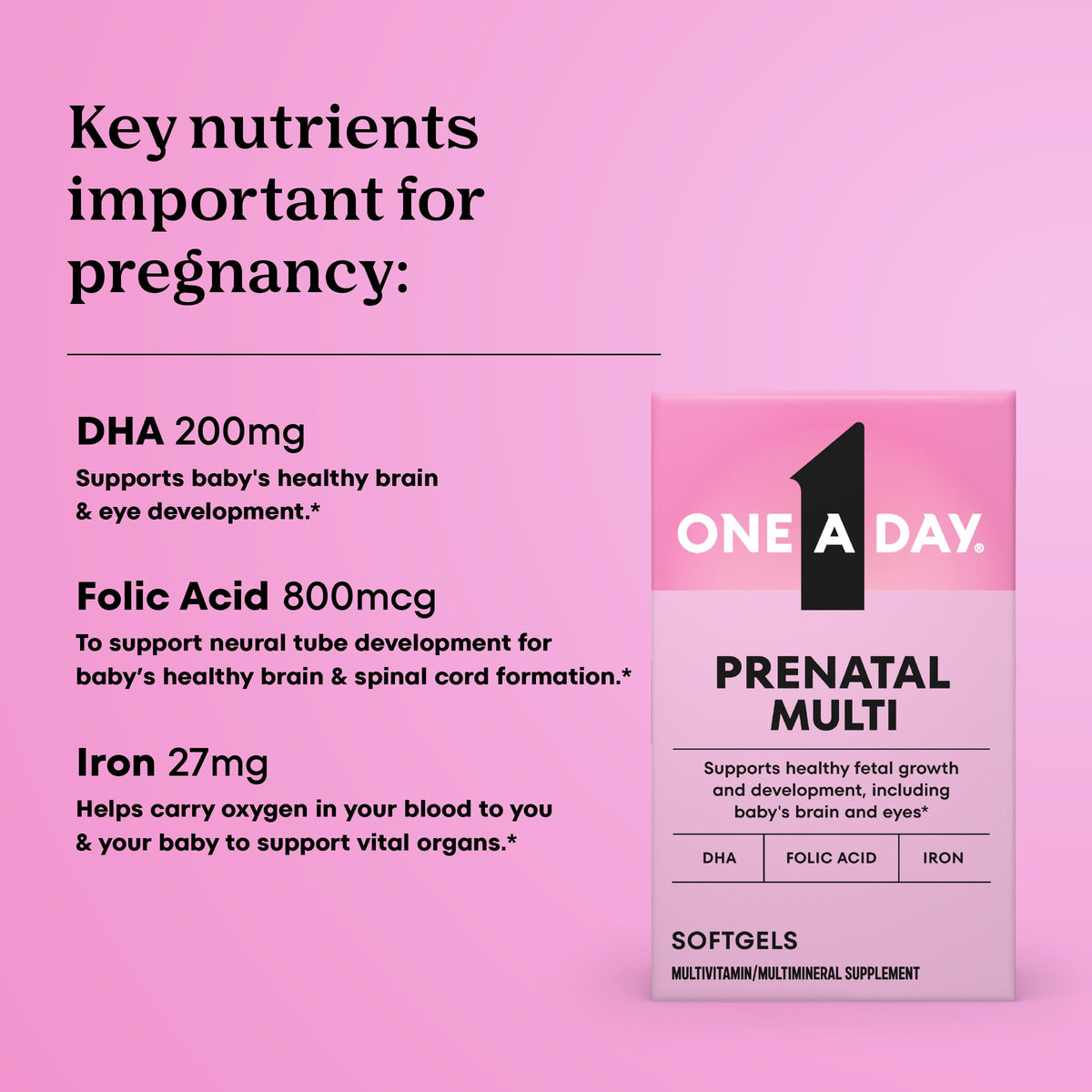 Boîte de ONE A DAY Compléments Prénatals avec informations nutritionnelles