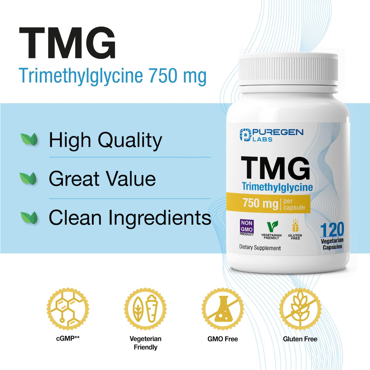 Boîte de P Puregen Labs TMG 750 mg ouverte avec capsules