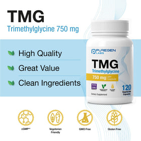 Boîte de P Puregen Labs TMG 750 mg ouverte avec capsules