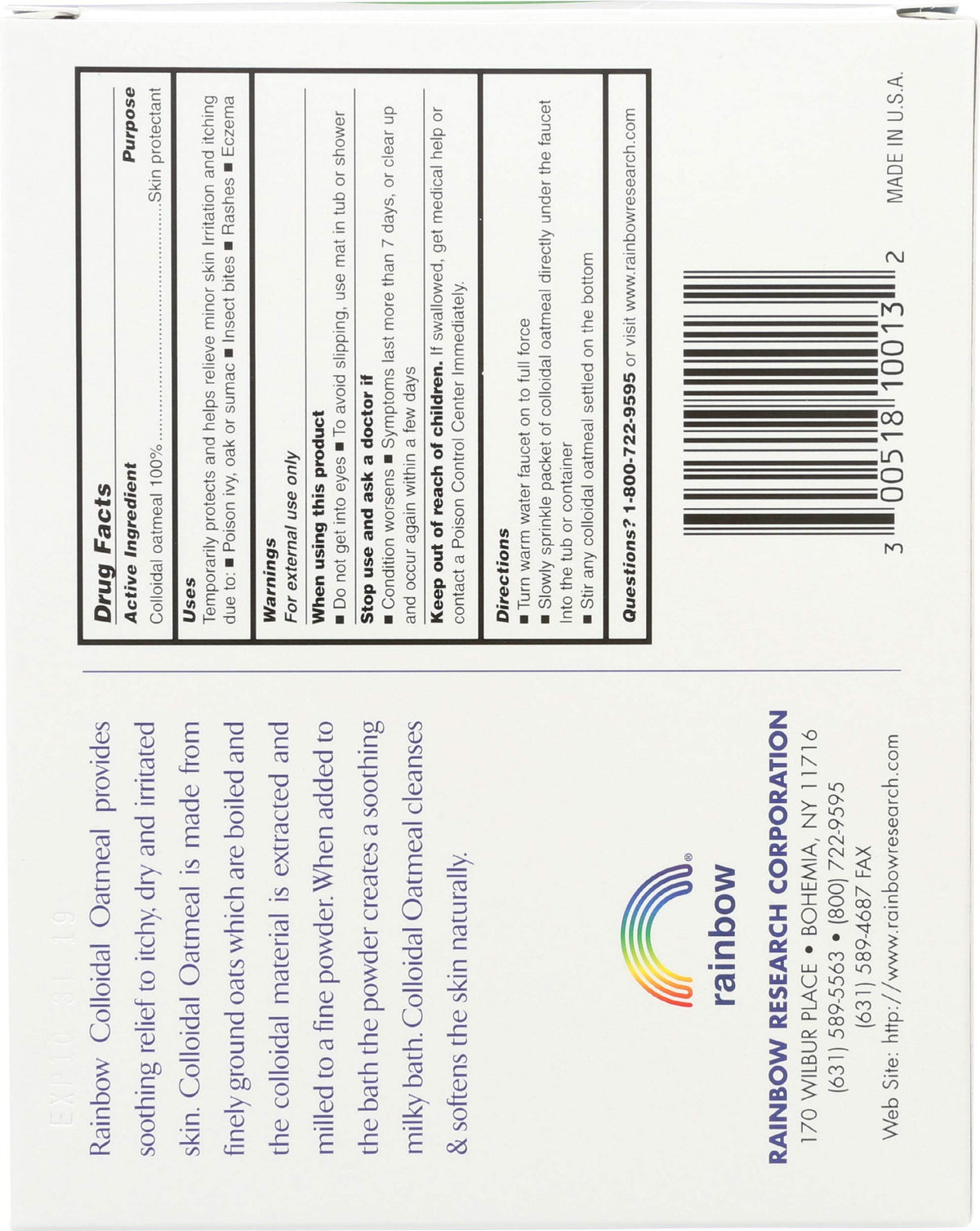 Boîte de Poudre de Bain d'Avoine Colloïdale Rainbow Research vue de côté