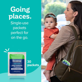 Boîte de probiotiques Biostime pour enfants ouverte montrant les sachets
