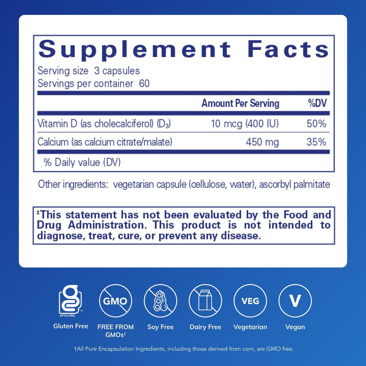 Boîte de Pure Encapsulations Calcium avec Vitamine D3 180 Capsules