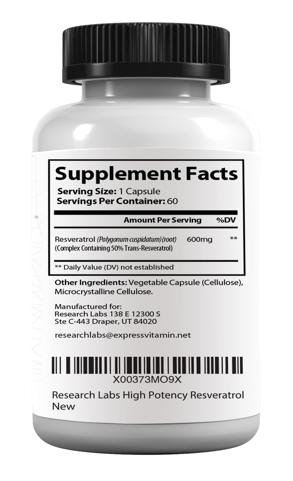 Boîte de Research Labs Resvératrol avec des capsules à côté