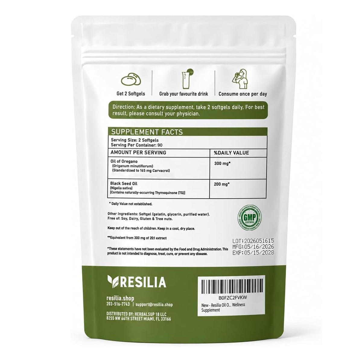 Boîte de Resilia Huile d'Origan avec étiquette visible