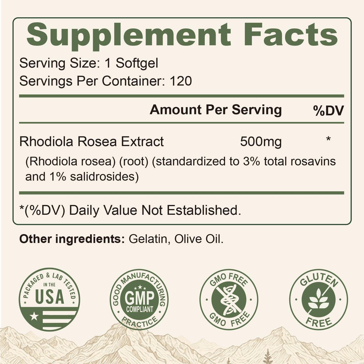 Boîte de Rhodiola Rosea 500mg avec étiquette visible