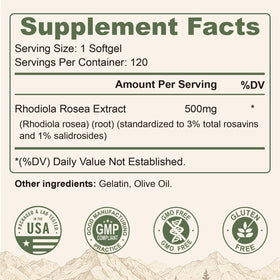 Boîte de Rhodiola Rosea 500mg avec étiquette visible