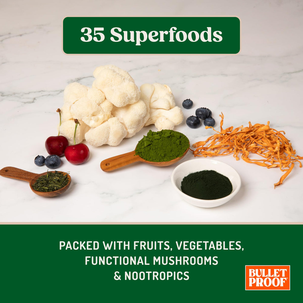Boîte de sachets Bulletproof Greens sur une table