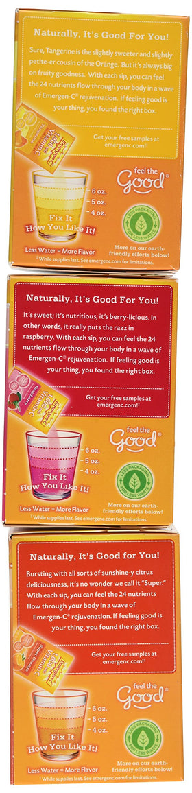 Boîte de sachets Emergen-C montrant les différentes saveurs disponibles