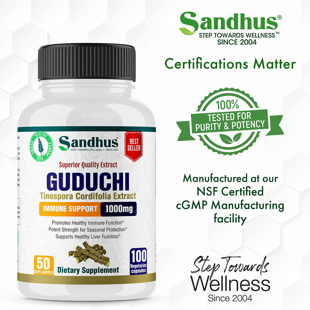 Boîte de Sandhu's Guduchi ouverte avec capsules visibles