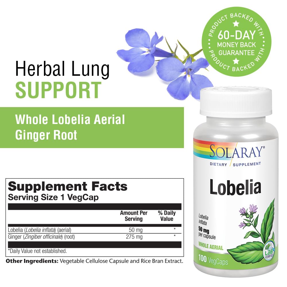 Boîte de SOLARAY Lobelia Aerial 50mg montrant les ingrédients