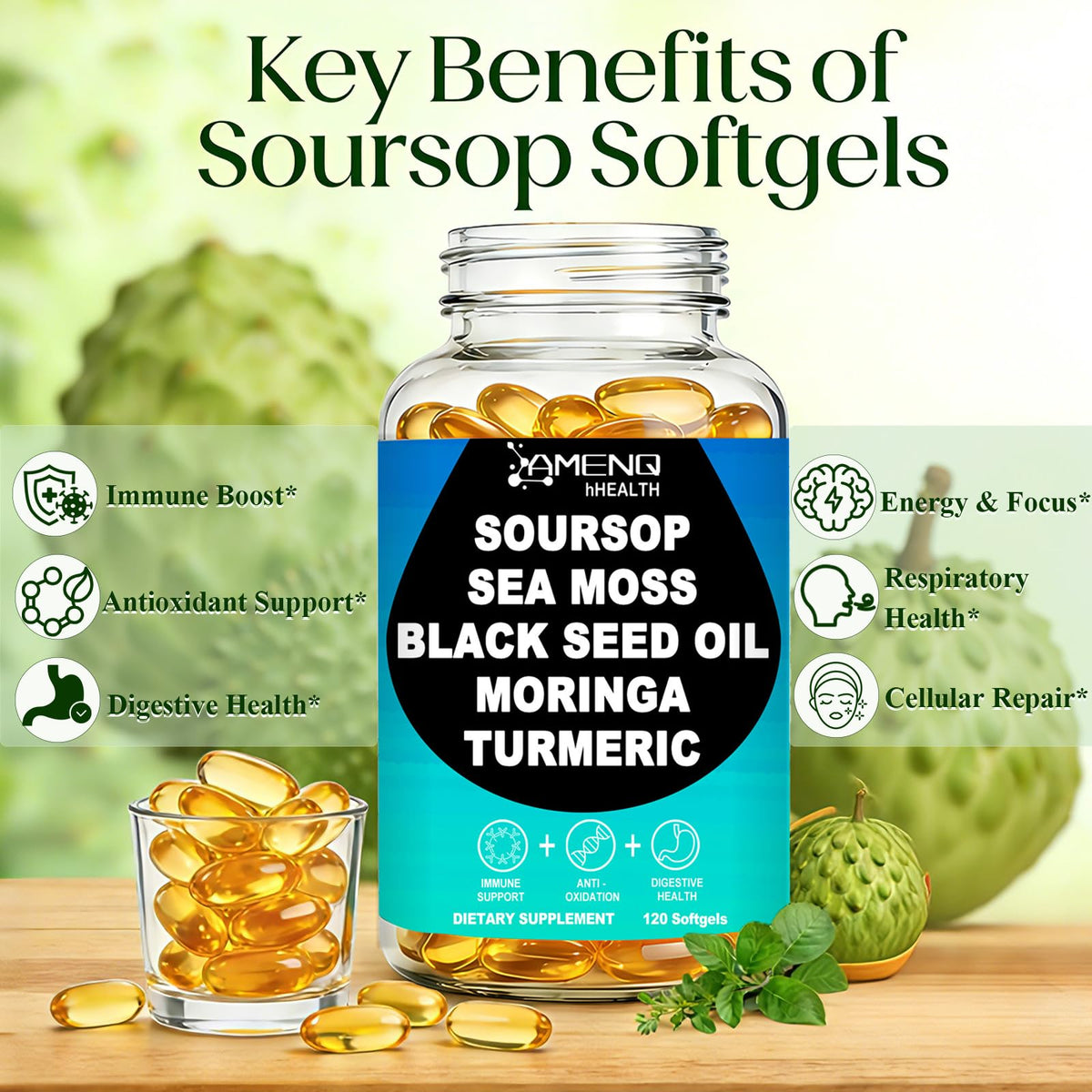Boîte de Soursop 10 en 1 AMENQ hHEALTH, étiquette visible