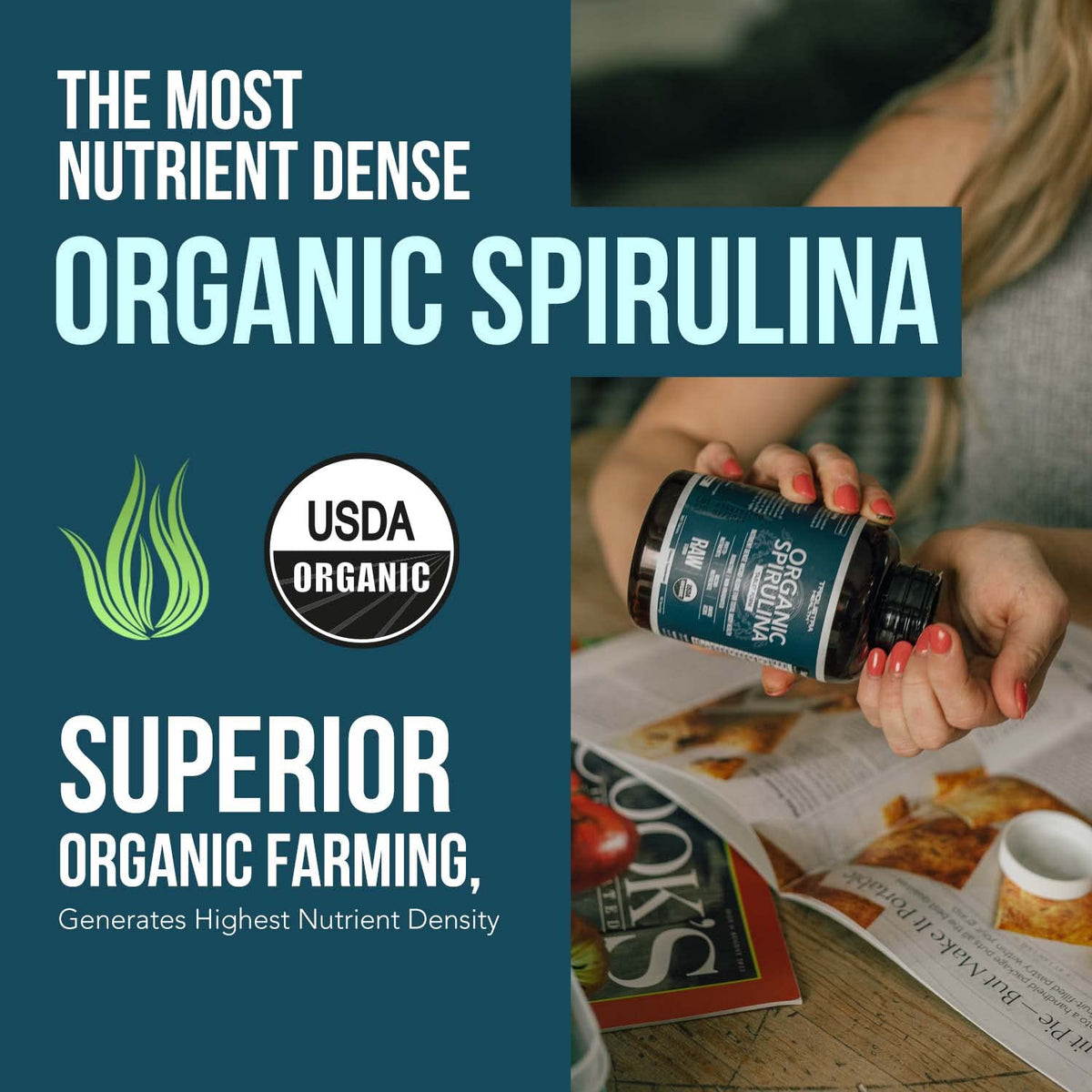 Boîte de Spiruline Bio Triquetra Health avec étiquette détaillant les certifications