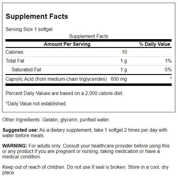 Boîte de Swanson Acide Caprylique MCT 600 mg avec étiquette