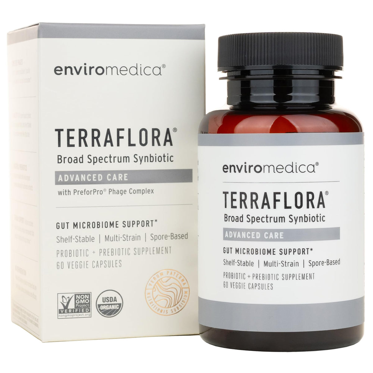 Boîte de Terraflora Advanced Care Synbiotic d'Enviromedica, contenant 60 capsules