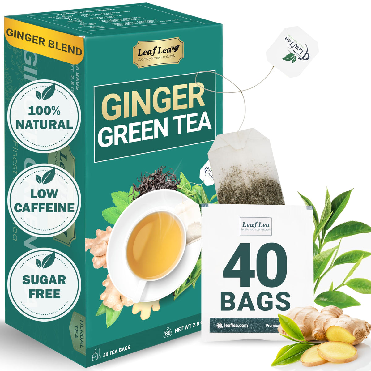 Boîte de thé vert au gingembre LeafLea contenant 40 sachets