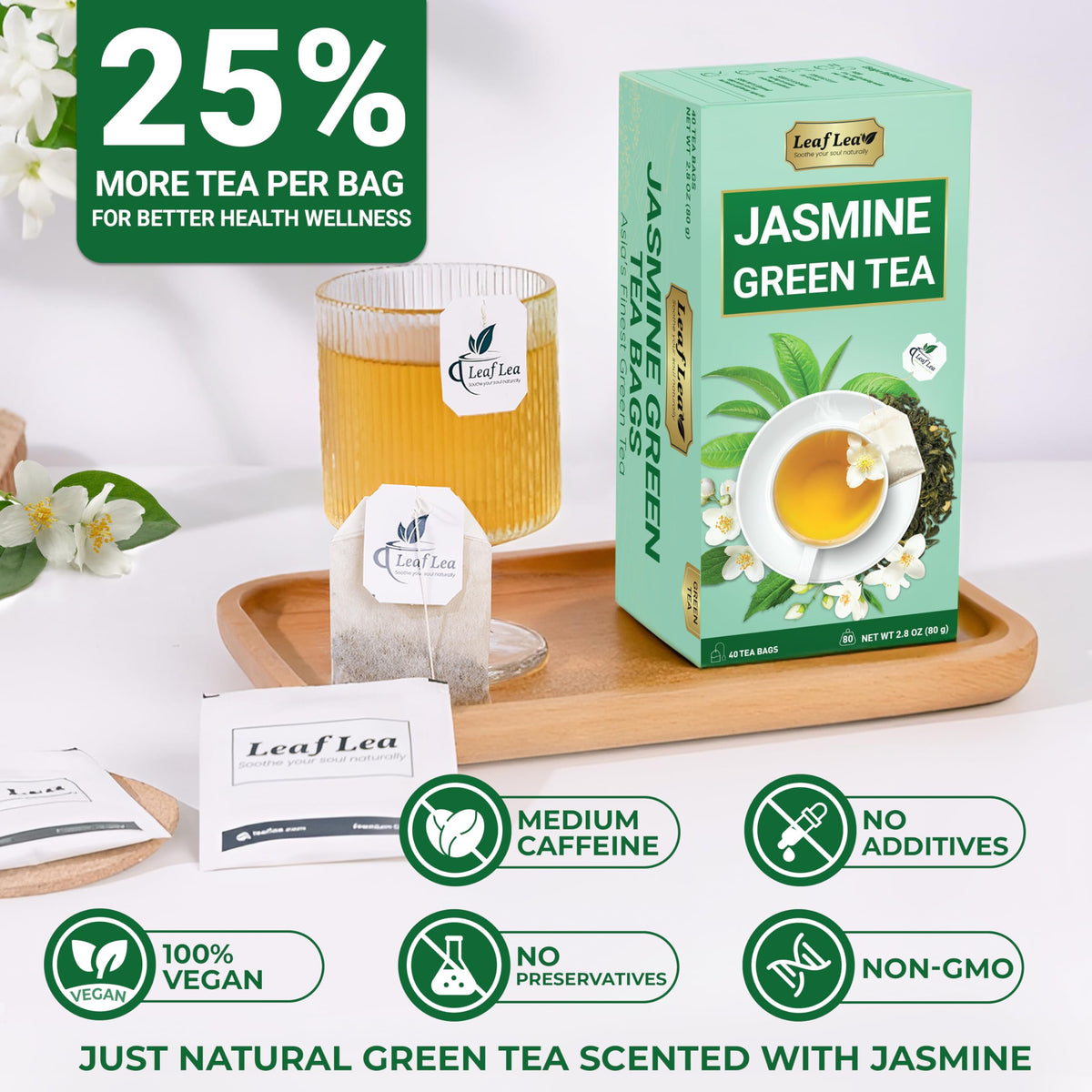 Boîte de thé vert jasmin LeafLea ouverte avec sachets visibles