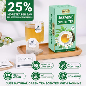 Boîte de thé vert jasmin LeafLea ouverte avec sachets visibles