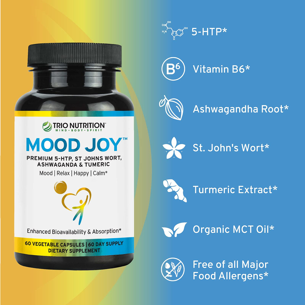 Boîte de TRIO NUTRITION Mood Joy avec étiquettes détaillées