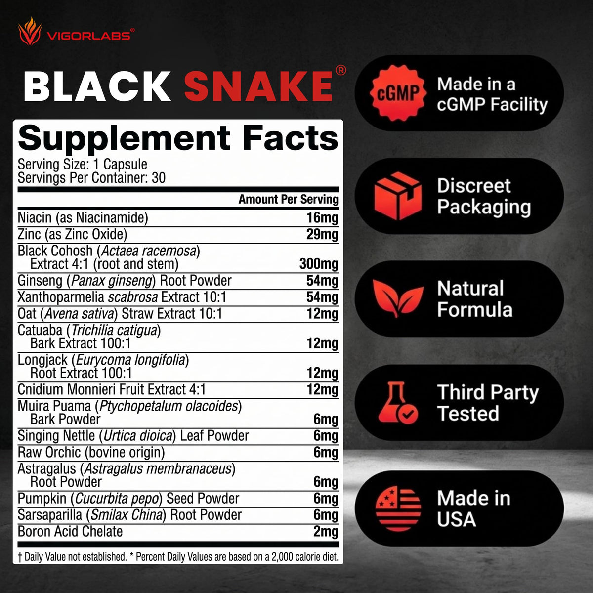Boîte de Vigor Labs Black Snake 30 Capsules ouverte