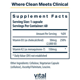 Boîte de Vital Nutrients D3 + K2 2000 UI avec étiquette visible