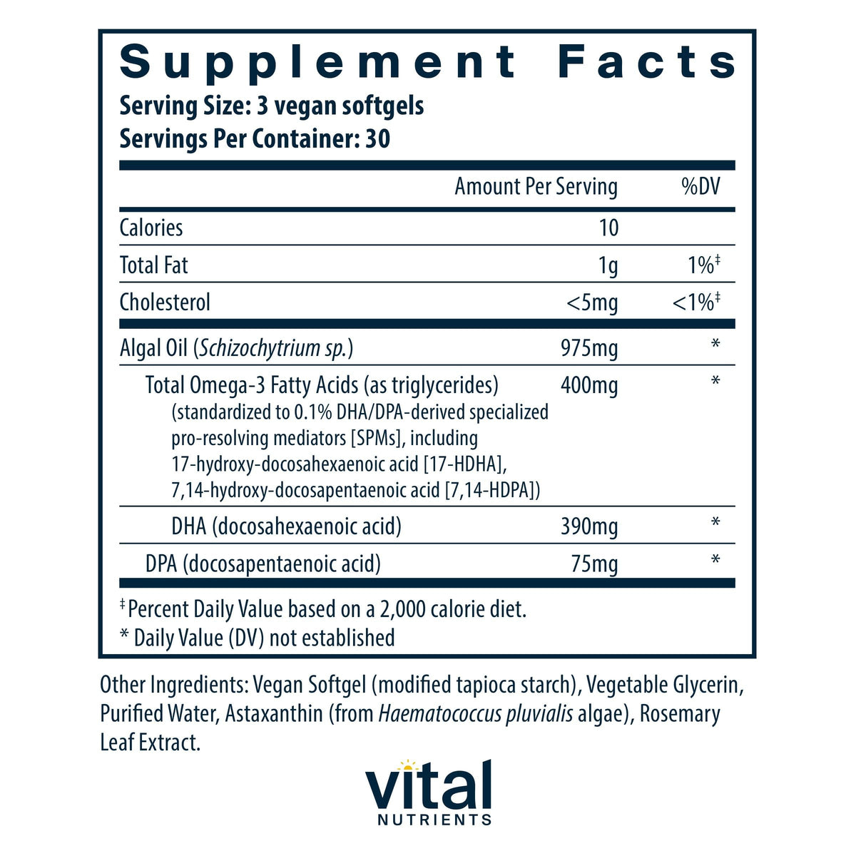Boîte de Vital Nutrients Ultra Pure Vegan Omega SPM+ avec étiquette