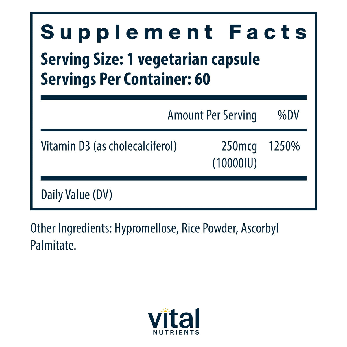 Boîte de Vital Nutrients Vitamine D 10 000 UI avec informations nutritionnelles
