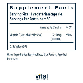 Boîte de Vital Nutrients Vitamine D 10 000 UI avec informations nutritionnelles