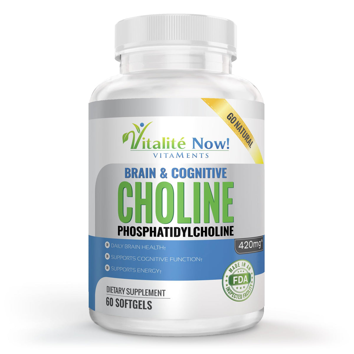 Boîte de Vitalité Now! Choline Phosphatidyl 420mg avec étiquette visible