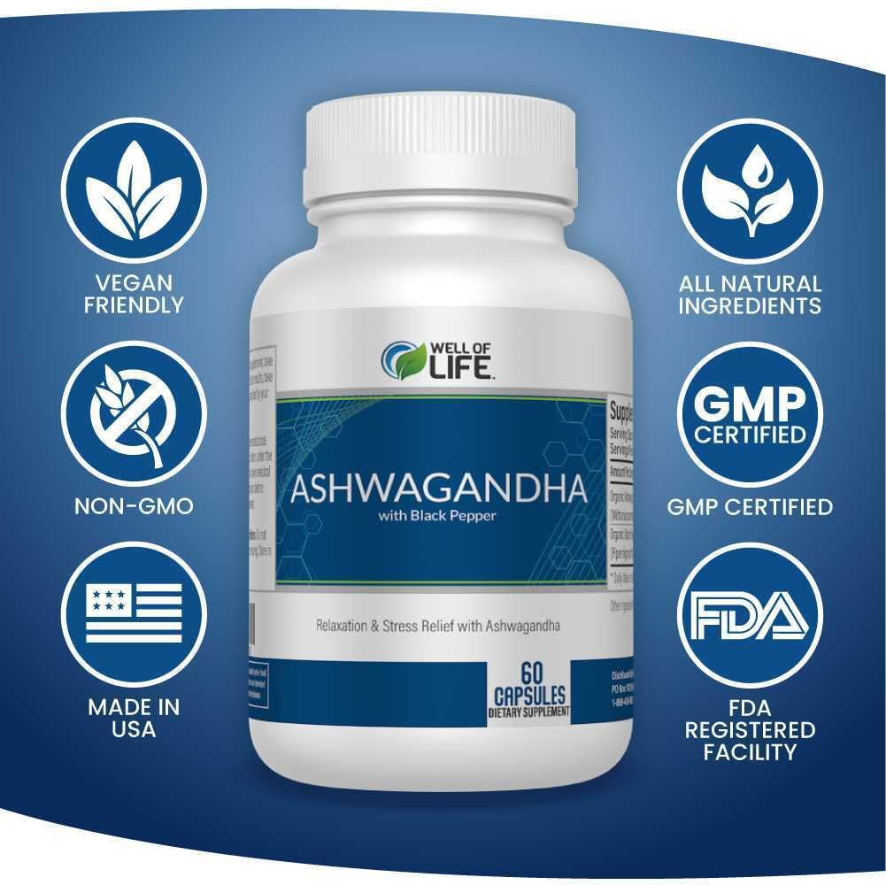 Boîte de Well of Life Ashwagandha 650mg avec BioPerine