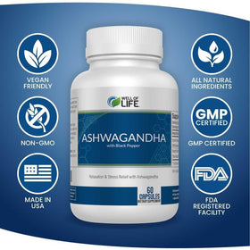Boîte de Well of Life Ashwagandha 650mg avec BioPerine