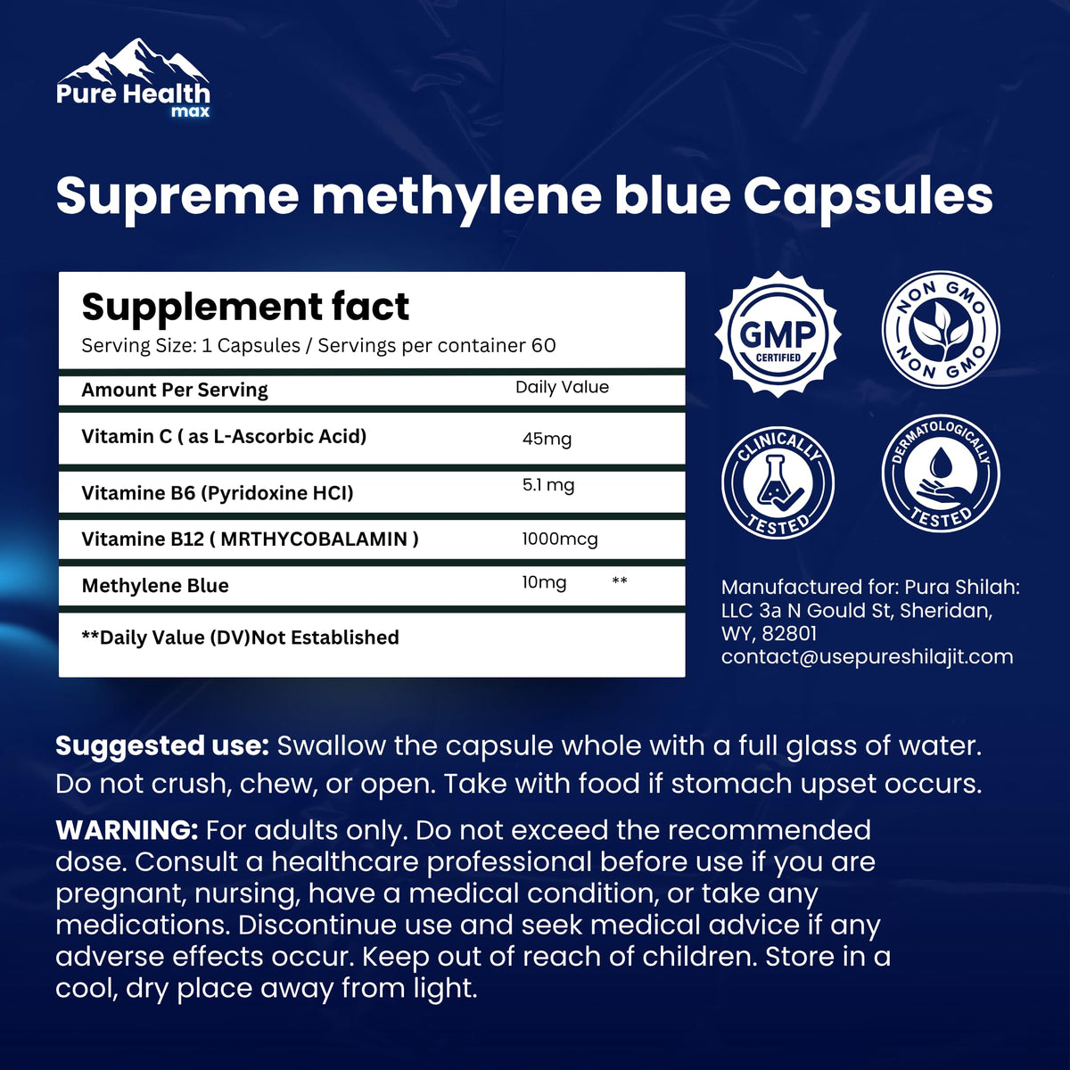 Boîte des capsules de bleu de méthylène PURE HEALTH MAX