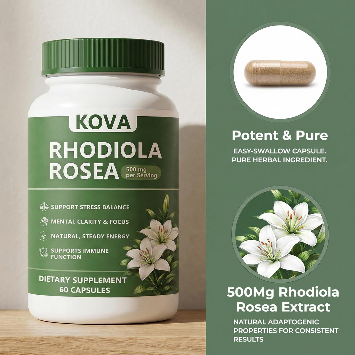 Boîte des capsules KOVA de Rhodiola Rosea sur une table
