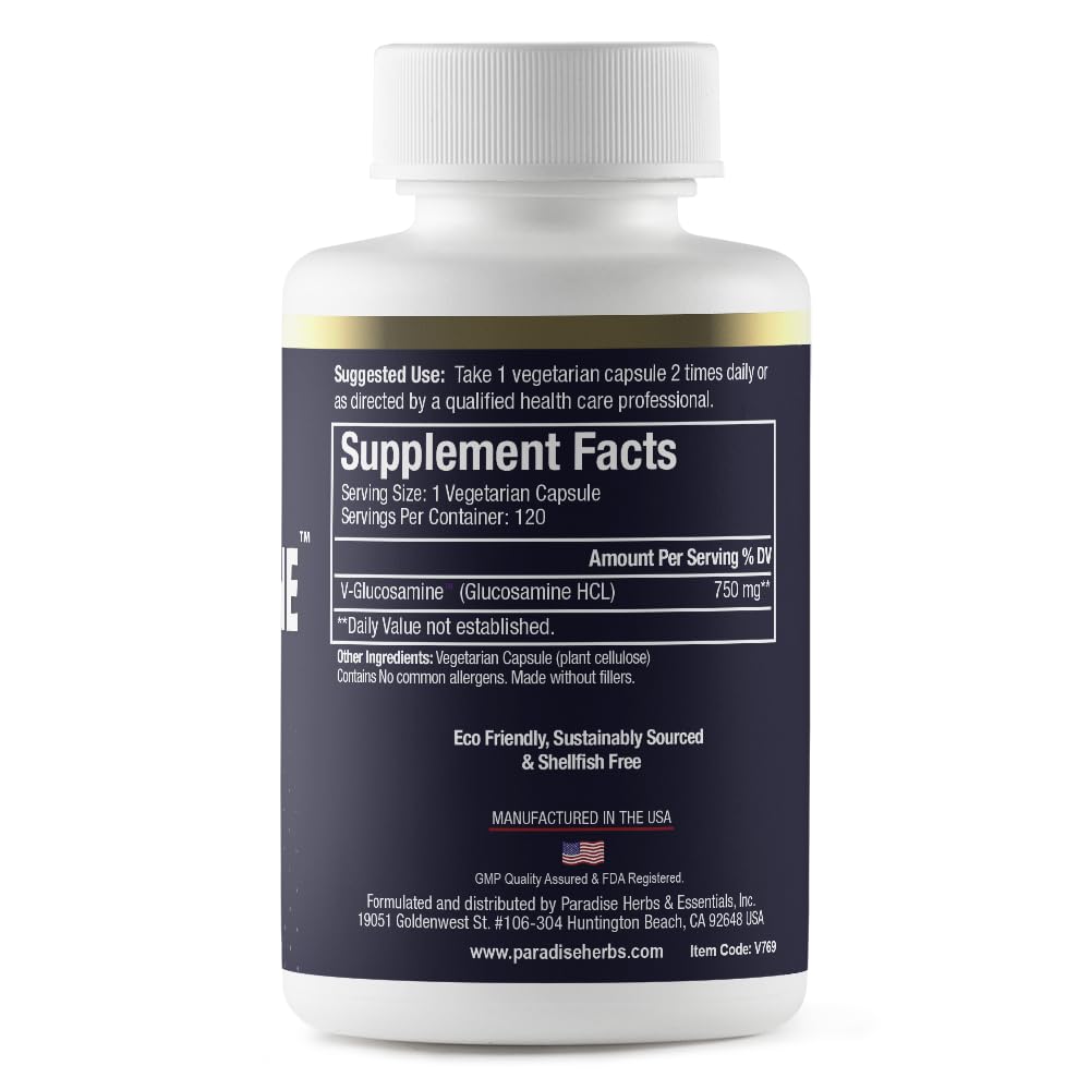 Boîte des capsules véganes V-Glucosamine de Paradise Herbs, vue latérale