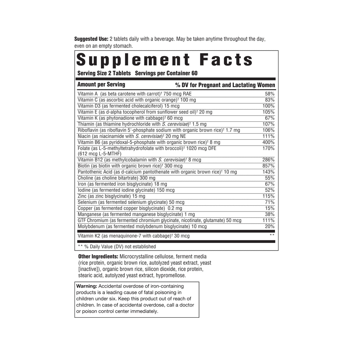 Boîte des Multivitamines Prénatales Innate Response avec informations nutritionnelles