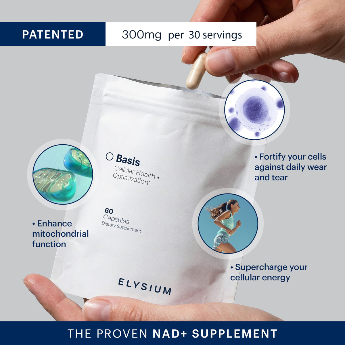 Boîte ELYSIUM Basis NAD+ avec informations nutritionnelles