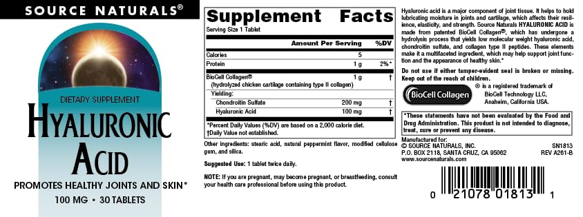 Boîte Source Naturals Acide Hyaluronique 30 comprimés