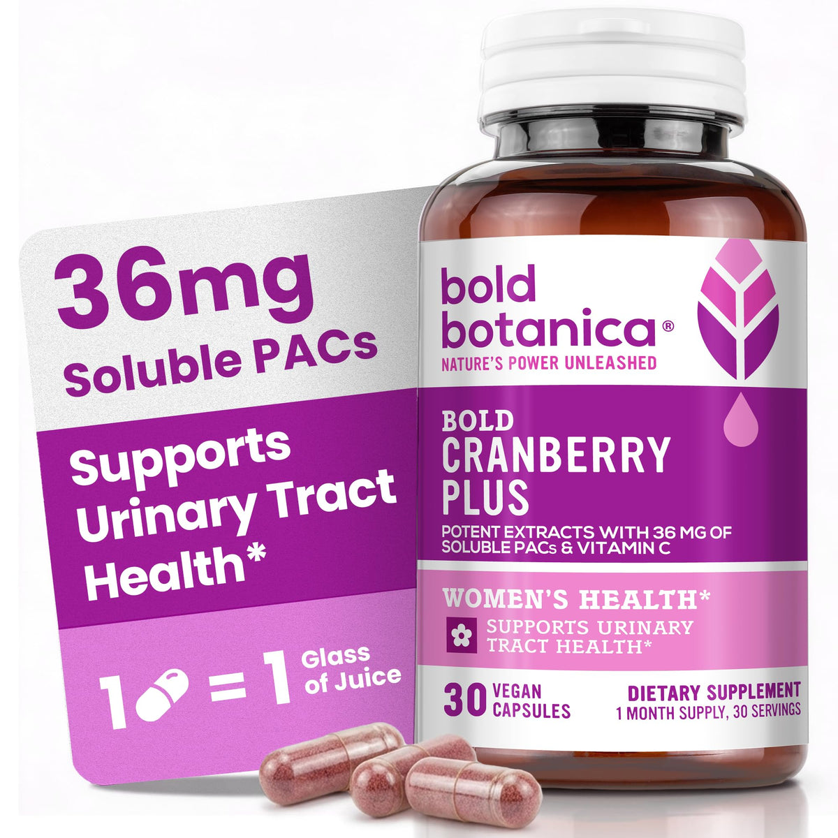Bold Botanica Extrait de Jus de Canneberge 36mg PACs, vue de face