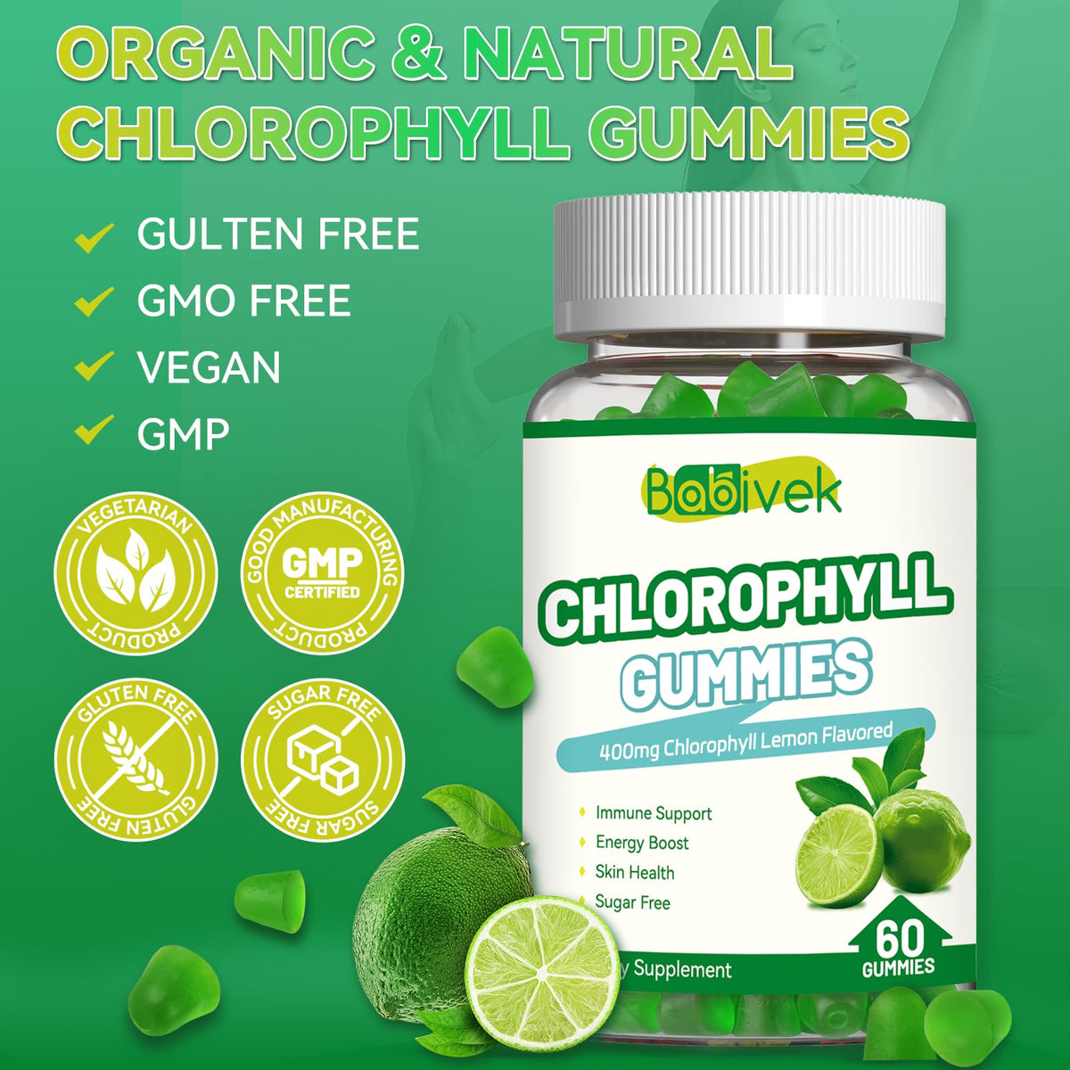 Bonbons à la chlorophylle Babivek avec zoom sur la texture des gummies