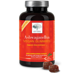 Bonbons Ashwagandha NEW NORDIC en pot, 60 gummies au goût mangue pêche